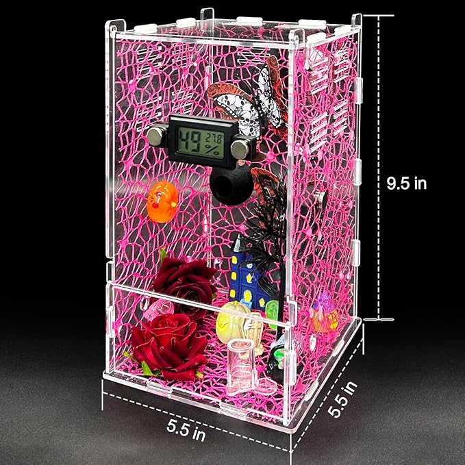 Jumping Spider Enclosure,DIY Insects Habitat,Small Reptile Terrarium Glass House Accessories Set,with Temperature and Humidity Detector Water Feeder Platform Hide,5.5“x5.5”x9.5“ (Pink)