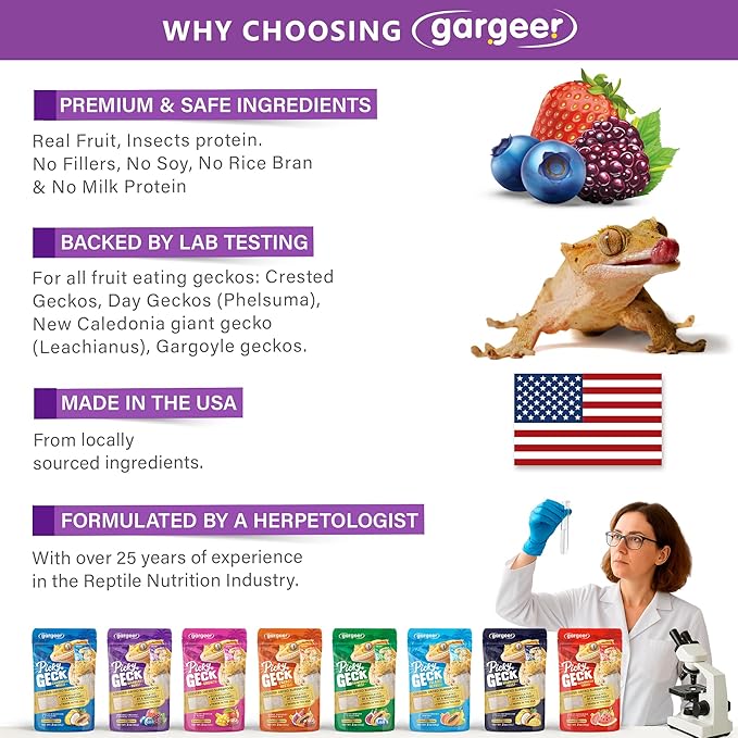 Gargeer 'Picky Geck' Wildberry Burst - Premium Crested Gecko Food | Antioxidant & Immune Support Formula | Real Fruit & Insect Protein | No Fillers - Only Premium Ingredients | 2oz | Made in USA.