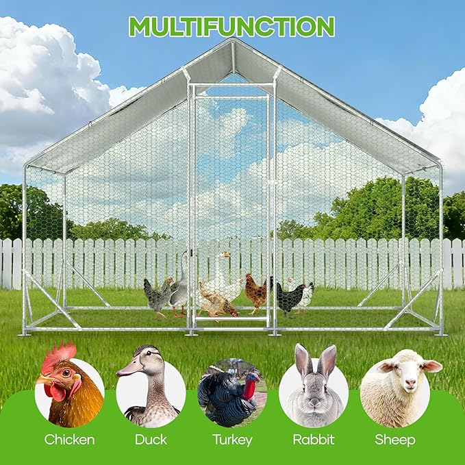 Assark Large Metal Chicken Coop,10x6.5 FT Walk in Chicken Runs with Cover for 10 Chickens,Hen House Enclosure with Security Lock, Outdoor Duck Rabbit Cage Poultry Pens for Backyard,Farm,Yard