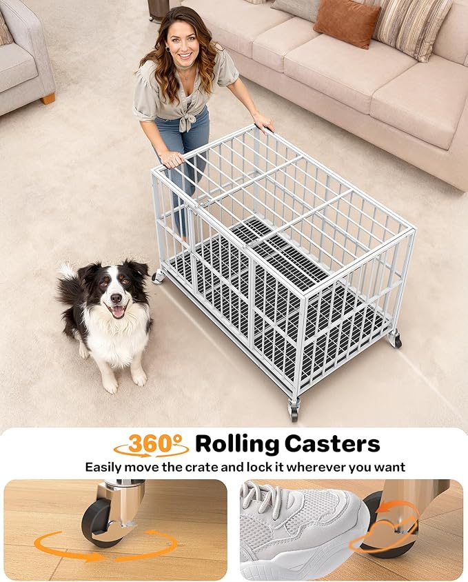 48 in White Heavy Duty Dog Crate Steel Escape Proof, Indoor Double Doors and Lockable Wheels,Removable Tray, for Dog Breeds,XL,XXL