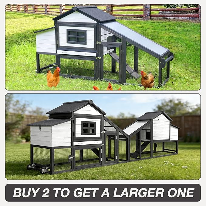 Chicken Coop Expandable Chicken House for Outdoor with Wheels Nesting Box, Leakproof Pull-on Tray, and UV-Resistant Roof Panel - White