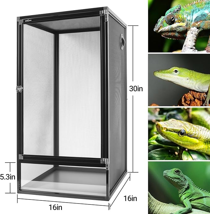 REPTI ZOO 16" x 16" x 30" Reptile Tank, Deluxe Foldable Screen Cage, 34 Gallon Vertical Terrarium with Fogger & Cable Pass, Tall Enclosure for Chameleon, Tree Frog, Crested Gecko, Arboreal Reptiles