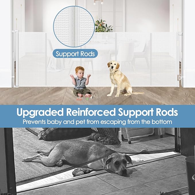 Reinforced 100 Inch Extra Wide Retractable Baby Gates with Reinforced Rods, Retractable Dog Gate Prevent Bottom Crawling Through, Mesh Pet Gate for Large Openings, White
