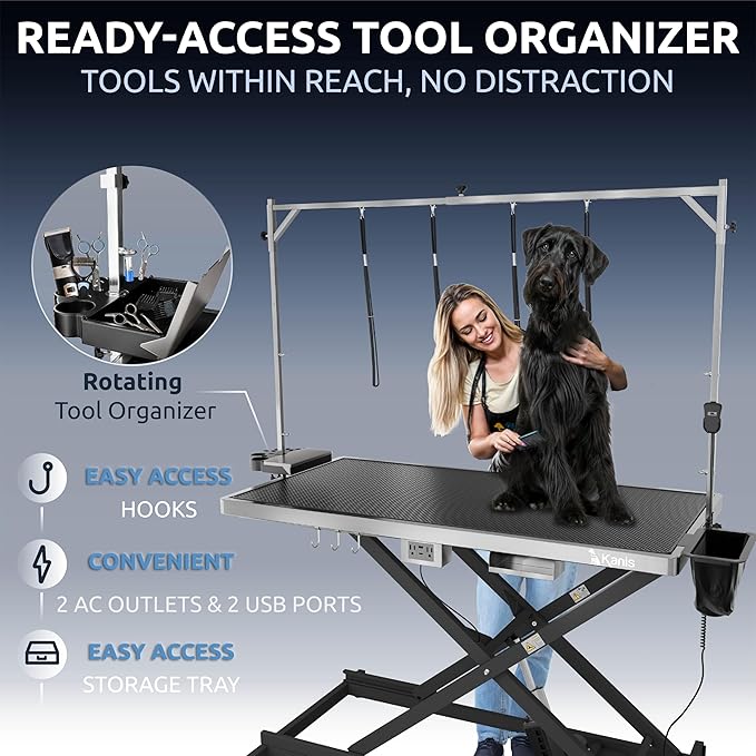 KANIS Professional Electric Dog Grooming Table - Heavy Duty, Height Adjustable Pet Grooming Table w/Leveling Wheels, Grooming Arm, Anti-Slip Tabletop & Tool Organizer/Dog Grooming Station (Black, 60")
