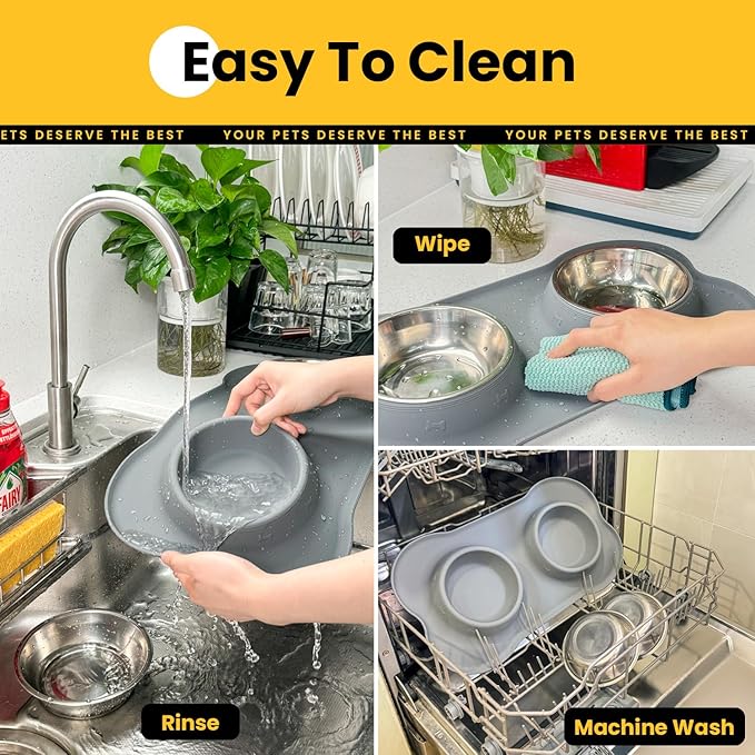 Conlun Stainless Steel Dog Bowls with Non-Slip Silicone Mat, Spill Proof Food & Water Bowls Set, Easy Clean Puppy Food Dish, Dishwasher Safe, Suitable for Dogs Cats Pet Under 20lbs, Small, Grey