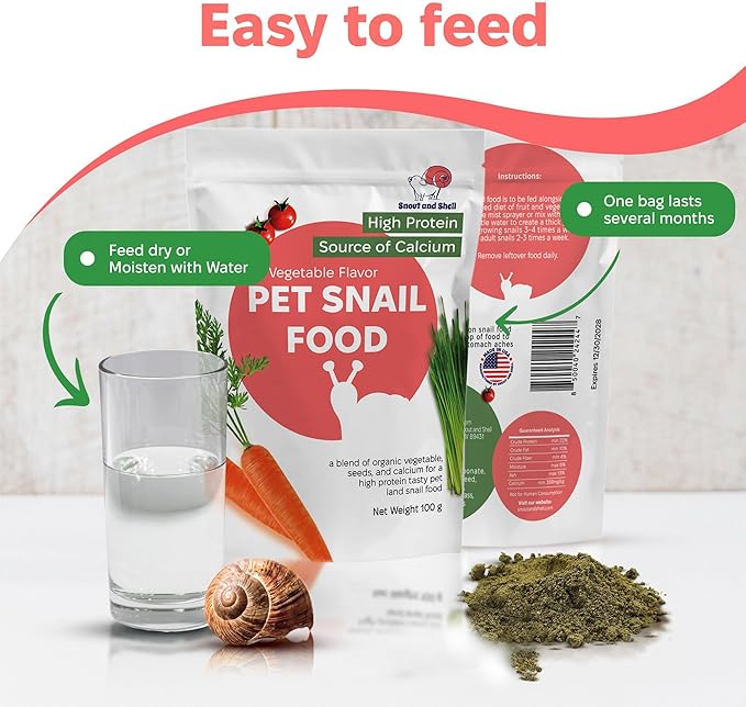 Snout & Shell Vegetable Flavored Pet Land Snail Food - Tasty High-Protein, Calcium Blend for Snails, Easy Addition to Your Garden Snails Terrarium or Snail Habitat
