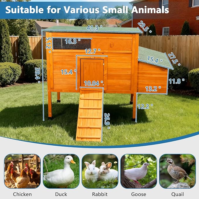 FunXplore Outdoor Insulated Chicken Coop Weatherproof Wooden Hen House Small Animal Pet Hutch with Elevated Legs Asphalt Roof Removable PVC Layer Nest Box