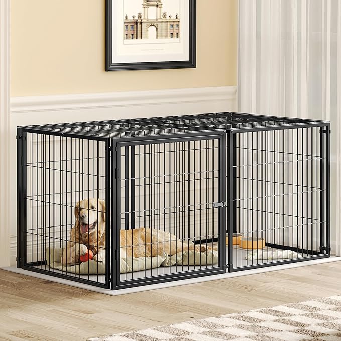 Rophefx Large Dog Crate, 63.7 Inch Metal Dog Pen Crates, Dog Kennels for Large Medium Dogs, Extra Large Dog Cage Indoor, Black(63.7" L x 31.7" W x 34.2" H)