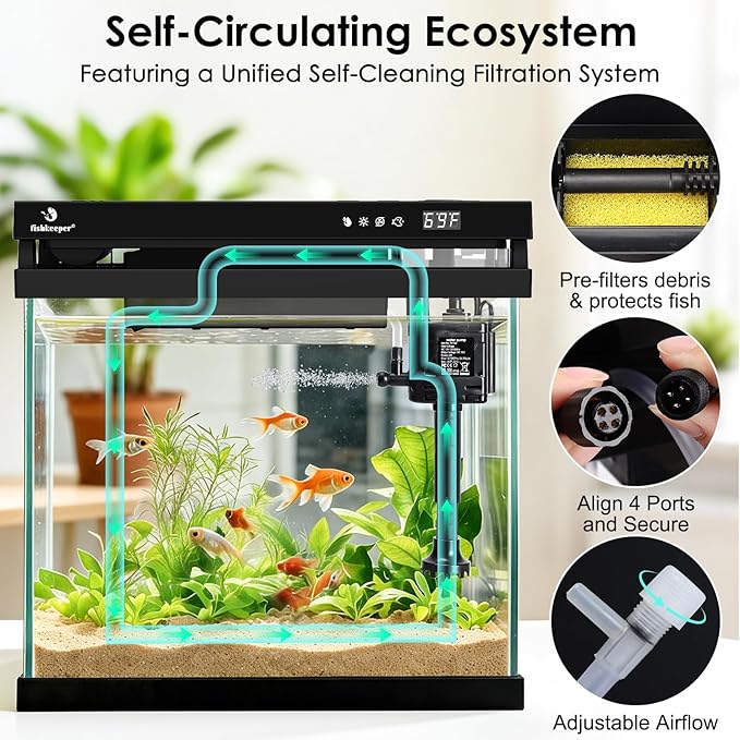 fishkeeper 2.3G Smart Aquarium - HD Glass Fish Tank Kits with Auto Feeder, Self-Cleaning Silent Filter Pump, Aromatherapy, Temperature Display & 7-Color RGB Lights for Desktop, Office, Room