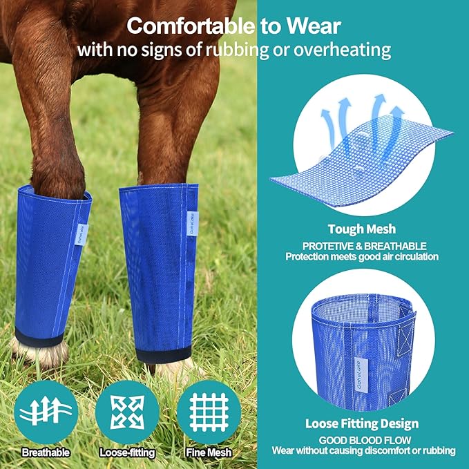Mesh Horse Fly Boots Set of 4, Loose Fitting Leggings for Horses, Reduce Stressful Stomping, Breathable Adjustable and Universal Fit for 4 Legs, Reliable Stay Put (Blue)