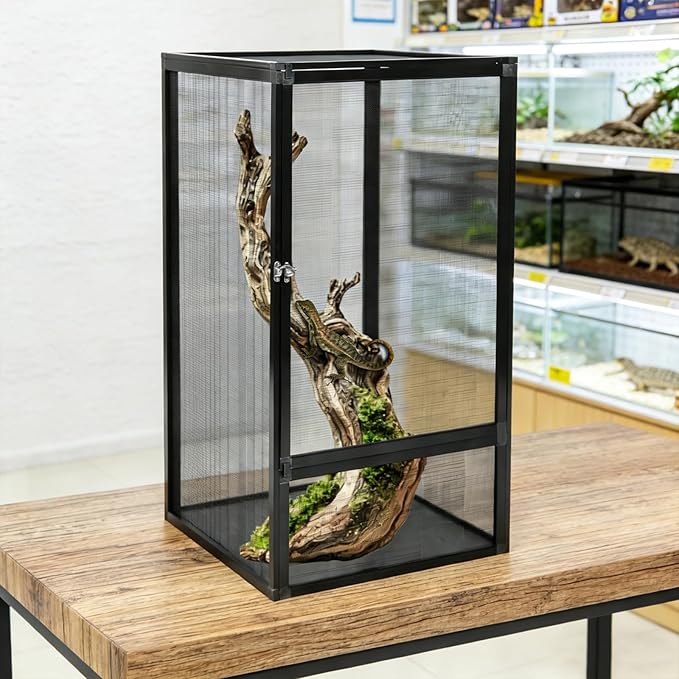 Reptile Terrarium Tall Reptile Tank Mesh Ventilation Durable Aluminum Frame Easy Assembly Micro Habitat Terrarium Enclosure for Chameleons Lizards/Iguanas Snakes Small Animals 17.7"x17.7"x31.5"