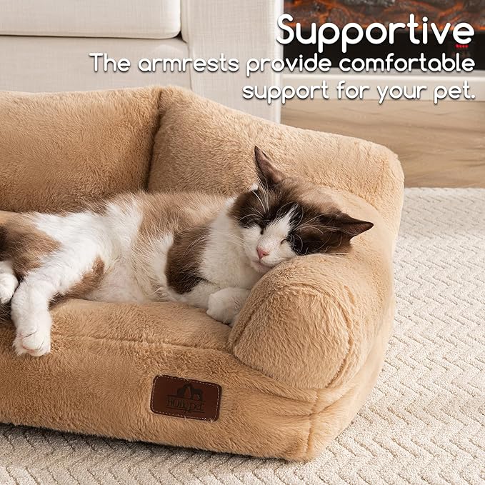 Hollypet Fluffy Dog Cat Bed Pet Couch Beds Plush Soft Warming Washable Puppy Bed for Small Medium Dogs and Large Cats, Light Brown, 24" L x 18" W x 10" Th