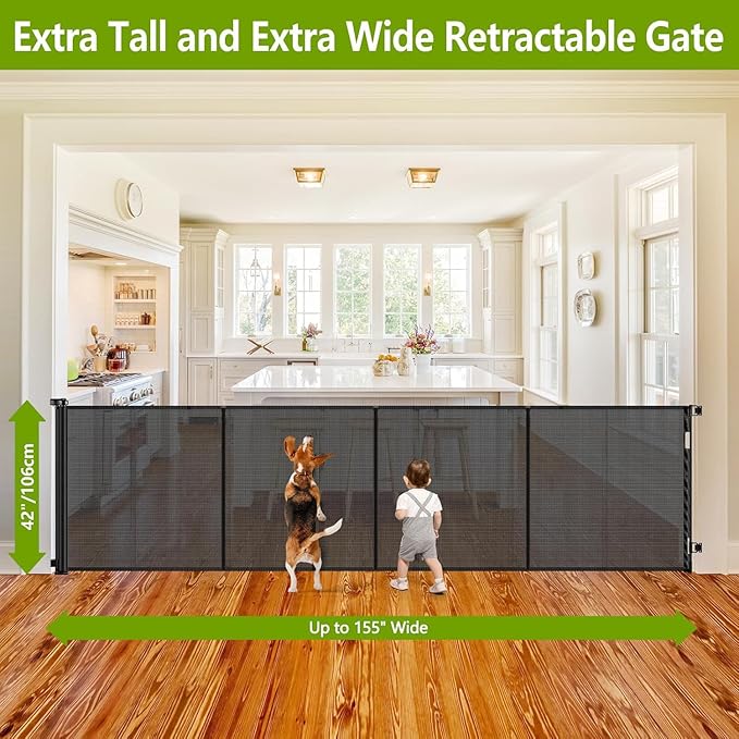 Reinforced 42" Tall Retractable Dog Gate, 155" Extra Long Retractable Baby Gate with Support Rods - Prevent Crawling Under, Indoor/Outdoor Retractable Gate Extra Tall Baby Gate Retractable Fence/Black