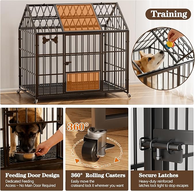 Dosker Heavy Duty Dog Crate 42 Inch,XL Large/Medium Pet Dog Cage Kennel Indoor,Steel Escape Proof Cage with Roof Top 2 Doors Removable Trays,Lockable Wheels