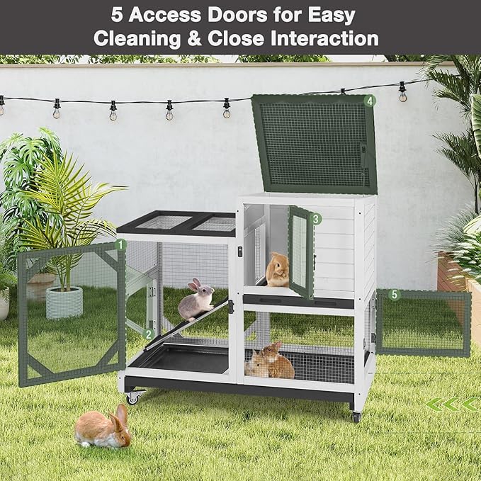 Large Rabbit Hutch Outdoor, 2-Tier Bunny Hutch with Wheels and Waterproof Roof, Wooden Guinea Pig Cage with Leak-Proof Pull-Out Trays, Multi-Door Bunny Cage for Small Animals-Black and White