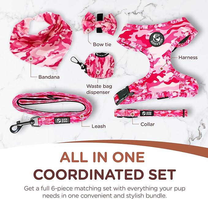 No Pull Harness and Leash Set - 6-in-1 Adjustable Vest Harness and Collars for Medium and Large Dogs. (Military Pink, Medium)