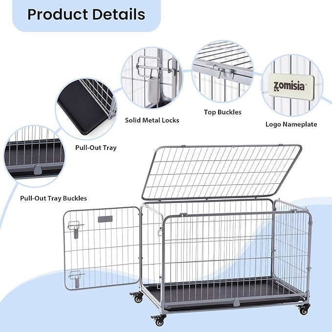ZOMISIA Collapsible Dog Crate for Large Dogs - 42 inch Escape Proof Double Door Metal Dog Kennel with Lockable Wheels, Easy Assembly Foldable Cage with Removable Tray for Indoor Outdoor, Silver Gray