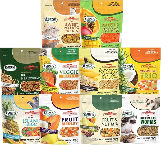 Treat Assortment 10 Pack - Healthy Treat with Mix of Dried Fruits, Dried Insects, & Crunchies - Sugar Gliders, Rats, Chinchillas, Parrots, Guinea Pigs, Hamsters, Small Animals - Sample Variety