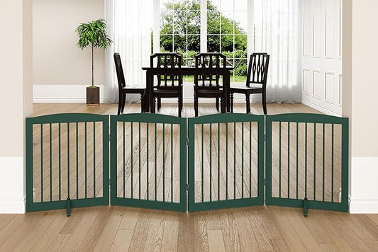 PUPETPO Freestanding Pet Gate for Dogs, Foldable Wooden Dog Gate for House, Indoor Dog Gate for Stairs, Doorways, Step Over Pet Puppy Safety Fence, 80 Inch Wide, 4 Panels 24", Green