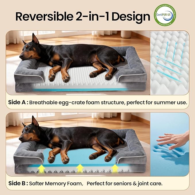 OhGeni Orthopedic Dog Bed Couch Big Cat Sofa for XXL Sized Pets with Memory Foam, Machine-Washable Waterproof Removable Cover, Soft Comfortable Fabric, 48-inch (Gray)