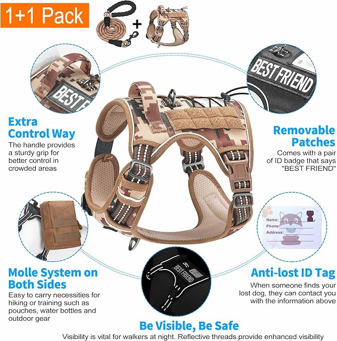 Beebiepet Heavy Duty Tactical Dog Harness for Medium Dogs, No Pull Adjustable Pet Harness Reflective Service Training Easy Control Pet Vest Military K9 Working Dog Harnesses- Medium, Desert Camo