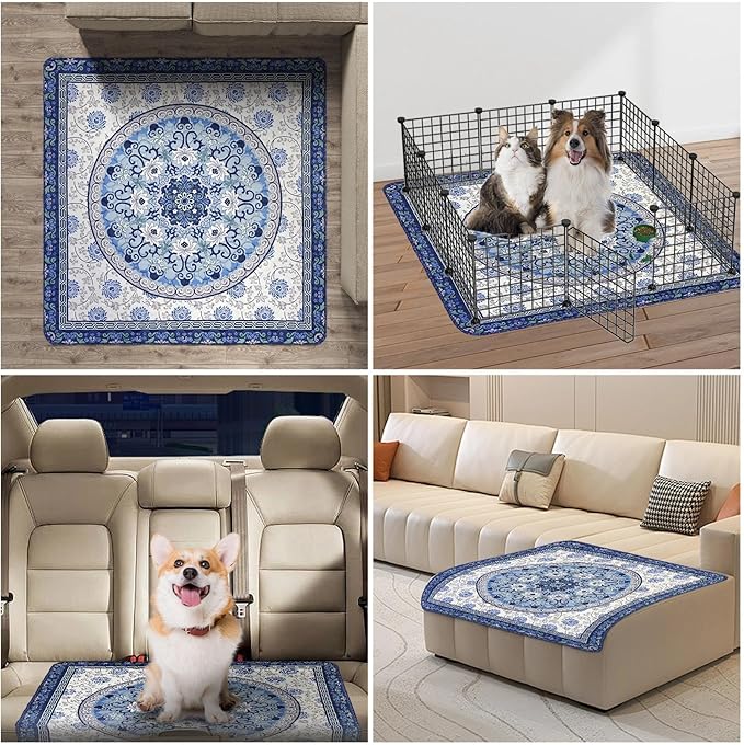 Washable Pee Pads for Dogs,72"x72" Waterproof Non-Slip Reusable Puppy Pad with Fast Absorbent,Leakproof Whelping Pads for Pet Housebreaking (Indigo Blue Medallion, 72"x72"(Pack of 1))