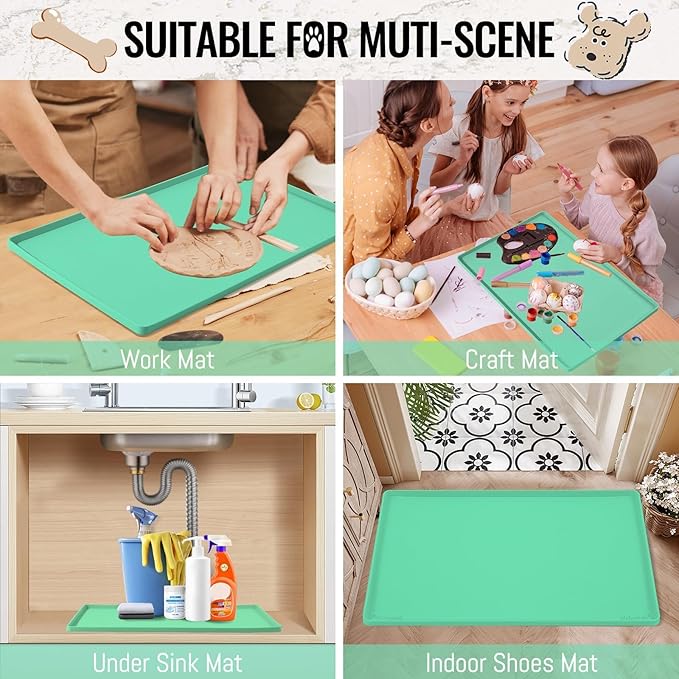 MateeyLife Dog & Cat Food Mat - Waterproof, Nonslip Dog Bowl Mats with Raised Edges, Silicone Matt Tray for Messy Drinkers, 22"x14", MintGreen