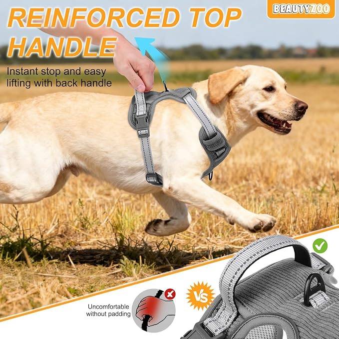 BEAUTYZOO No Pull Dog Harness Large, Adjustable Dog Harness and Leash Set -Easy Wearing with 3 Buckles/Control Handle,No Choke Soft Padded Reflective Pet Vest for Training Walking Hiking,Grey XL