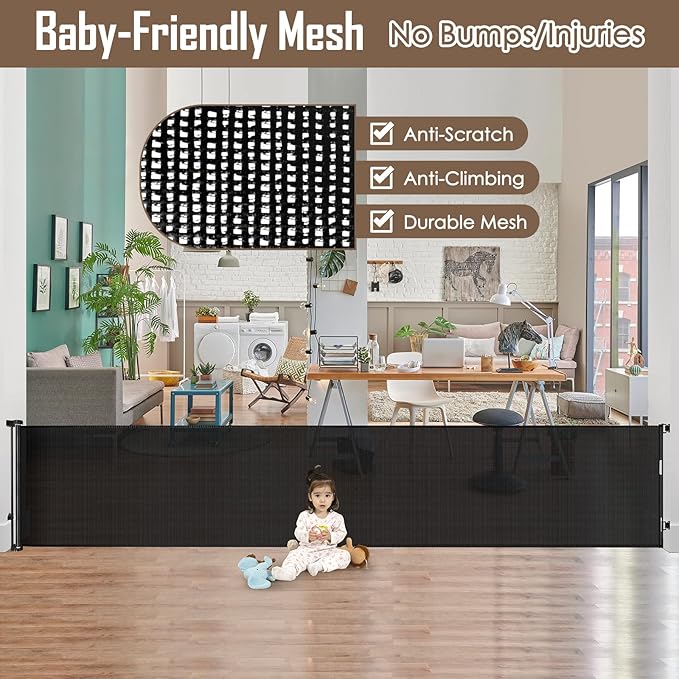 185 Inch Extra Long Baby Gates for Large Openings, Retractable Baby Gates Extra Wide Retractable Dog Gate Outdoor Retractable Gate Indoor Extra Large Dog Gate, Mesh Gates for Kids Or Pets, Black