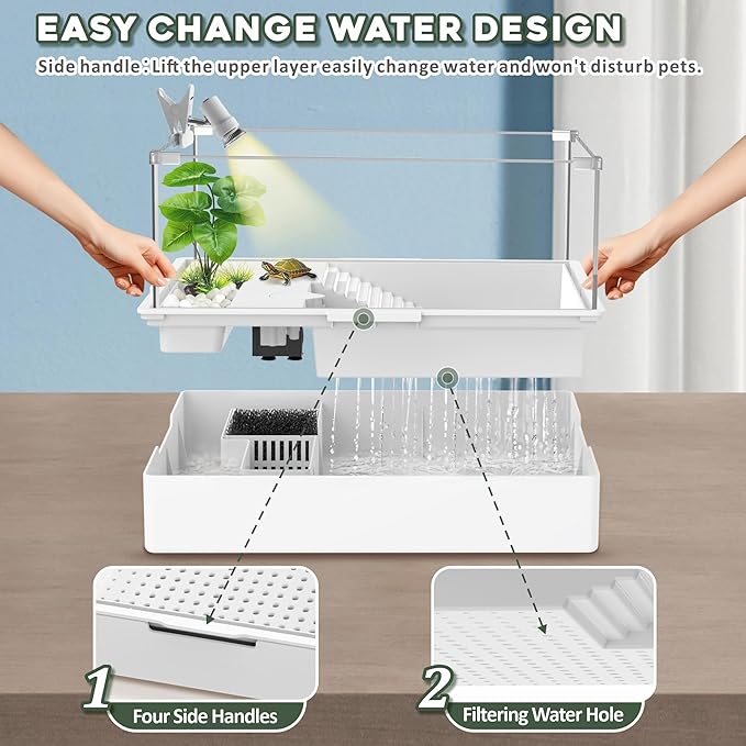 GOZILLA Small Turtle Tank Kit+Water Pump+Lamp, Acrylic Turtle Tank Starter Kit with Adjustable 5W Water Pump and Timing/Dimming Lamp, Multi-Functional Area for Small Turtles(White Kit).