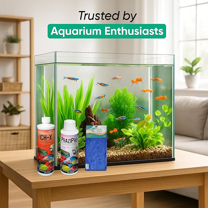 ICH X 16 fl oz, PraziPro 4 fl oz for Freshwater, Including Trinity Treats Microfiber Cleaning Cloth (ICH X for Freshwater Fish, PraziPro for Fish)