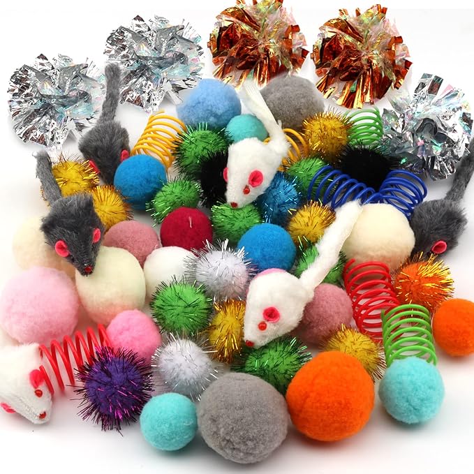 60 Pack Cat Toys - Assorted Kitten, Mouse, Crinkle & Pom Pom Balls by Unknown