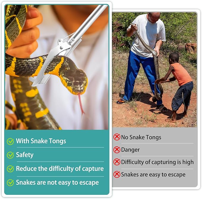 50" Collapsible Stainless Steel Snake Grabber Tool: Multi-Functional Hook, Tongs, Pole, Reacher for Safe Snake Handling and Rattlesnake Catching
