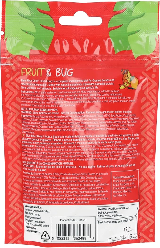 Blue River Diets Crested Gecko Diet | Fruit & Bug | All Natural Low Fat Complete Gecko Food | 2.1oz