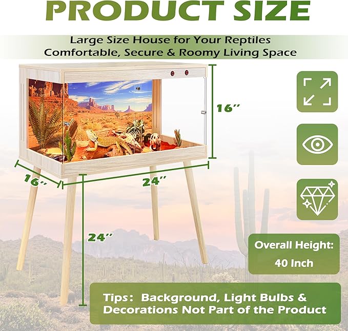 Royxen Bearded Dragon Tank,31 Gallon Reptile Tank with Leg Stand,Built-in Lighting Reptile Enclosure,Tempered Glass Bearded Dragon Encloure for Chameleon (Oak,24"x 16"x 16")