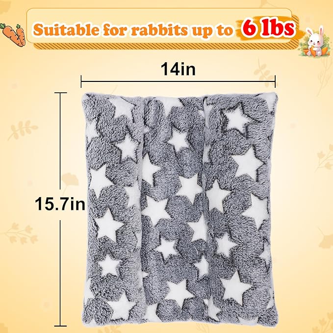 MEWTOGO 15.7" x 14" Bunny Bed for Rabbit Cage - Thickened Soft Prevent Sore Hocks Plush Mat with Cotton Lounger Pillows, Small Animal Flop Mat for Hutch Sleeping Indoor, Gray-Star
