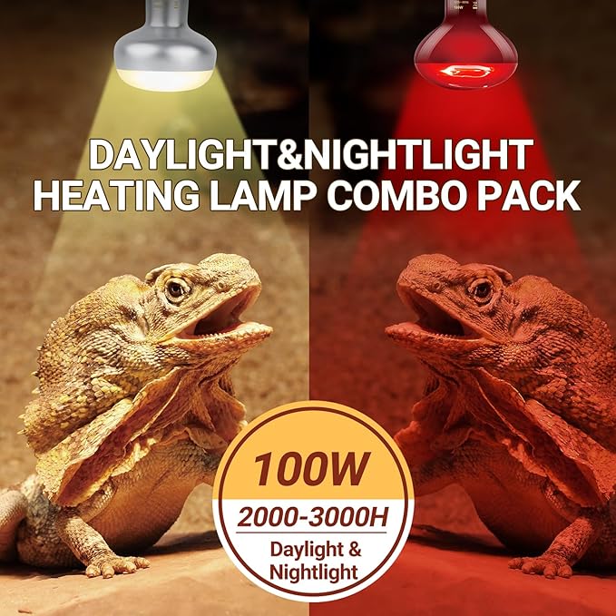 Oiibo Reptile Heat Lamp Blub, 2Pack 100W Day & Night Reptile Heat Lamp, UVA Daylight Heat Basking Bulb Infrared Heats Light Bulb for Reptiles Bearded Dragon Lizard Turtles