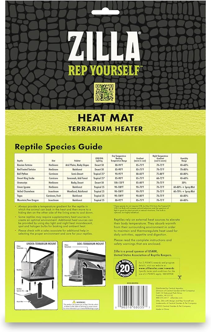 Zilla Heat Mat, Terrarium Heater for Reptiles, Snakes (Ball Pythons, Corn Snakes), Leopard Geckos, Tortoises, Amphibians and Arachnids, Medium, Fits 30-40 Gallon, 16 Watt