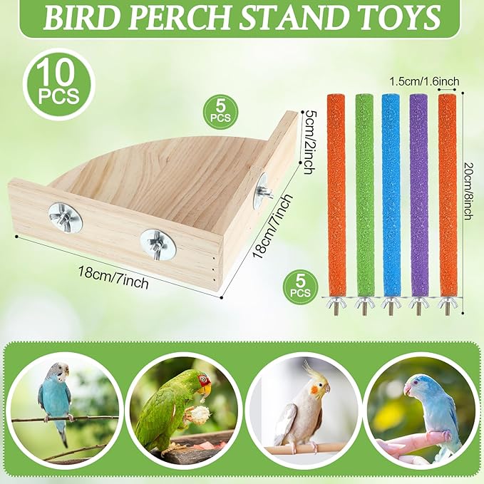 Novabright 10 Pack Bird Perch Stand Toys, 5 Pcs 7 Inch Wooden Corner Platforms & 5 Pcs 8 Inch Parrot Paw Grinding Sticks, Cage Accessories for Cockatiels, Budgies, Parakeets
