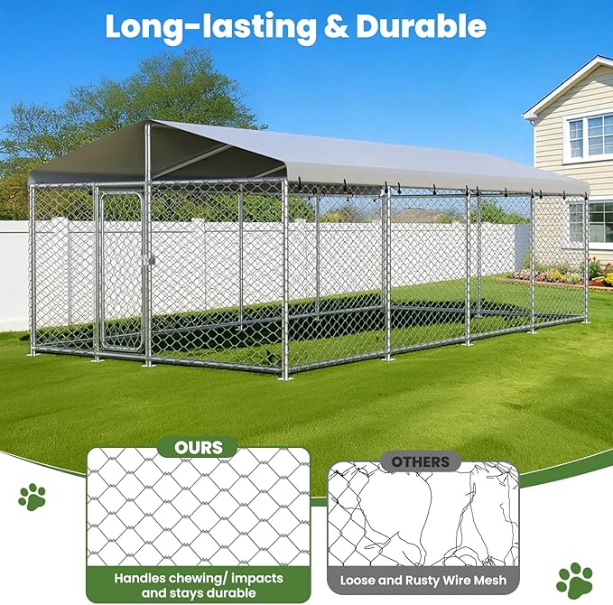20x10 FT Heavy Duty Outdoor Dog Kennel with Waterproof Cover, UV-Resistant Roof, and Secure Locking Mechanism for Dogs, Durable Metal Enclosure for All Weather Conditions(240x120x84IN)