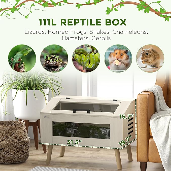 PawHut Reptile Terrarium 30 Gallon Top Opening Reptile Tank with Glass Windows Air Ventilations, Wooden Hamster Cage for Snakes Lizards Horned Frogs Chameleons Gerbils, 31.5" x 20" x 24"