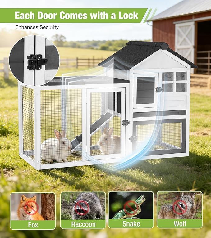 GUTINNEEN Rabbit Hutch Outdoor Rabbit Cage Indoor 51.6" L Waterproof Bunny Cage with Chew-Proof Ramp and Lockable Doors for Indoor Outdoor Use Black and White