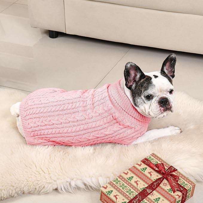 2 Pack Dog Sweaters for Medium Dogs Winter Turtleneck Pullover Cable Knit Fleece Stretch Frenchie Dachshund Pug Corgi Beagle Boy Girl Pet Clothes (M, Pink & Red)