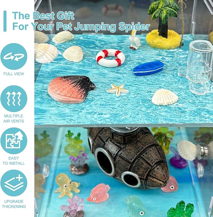 Jumping Spider Enclosure,DIY Insects Habitat,Small Reptile Terrarium Glass House Accessories Set,with Temperature and Humidity Detector Water Feeder Platform Hide,5.5“x5.5”x9.5“ (Ocean)