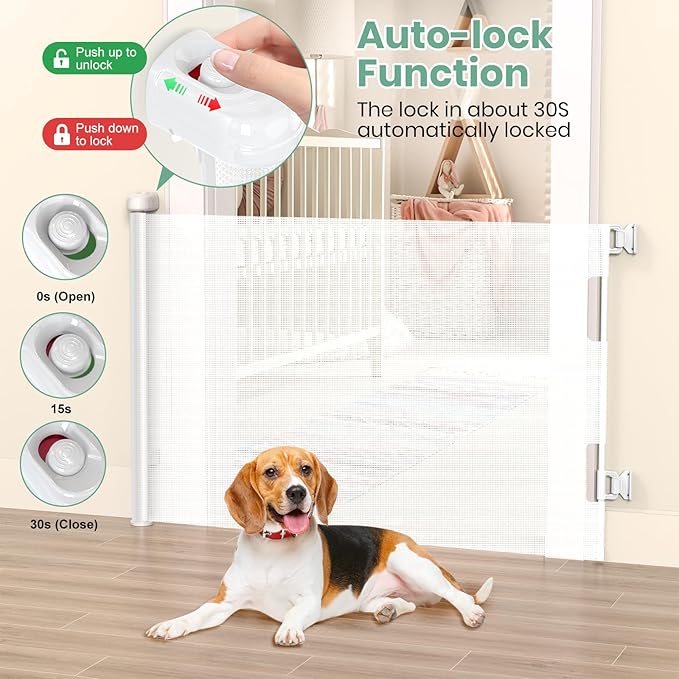 HAMOPY Retractable Baby Gate, 33" Tall, Extends up to 71" Extra Wide Baby Gate, Durable Auto-Lock Mesh Dog Gate, Pets and Child Safety Gates for Stairs, Doorways, Hallways, Indoor, Outdoor(White)