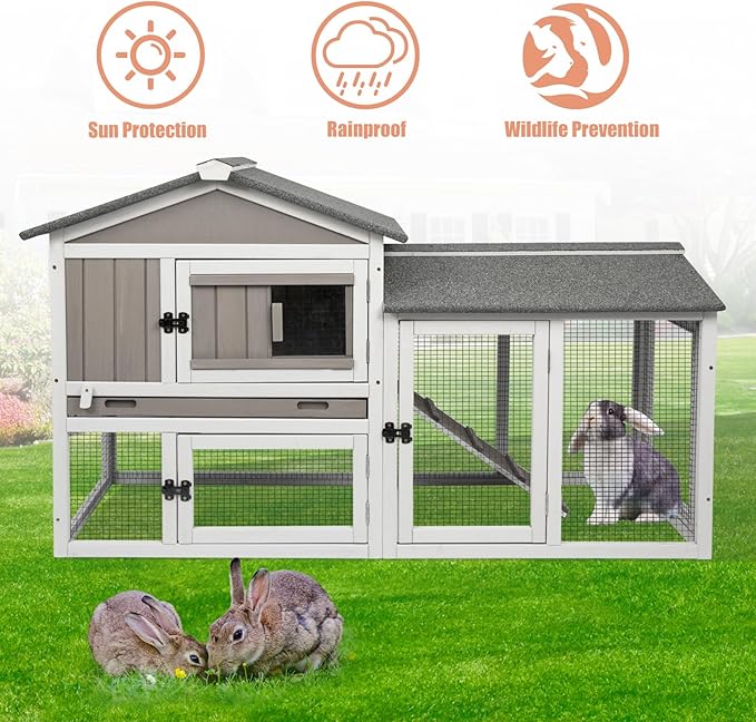 Gowoodhut Rabbit Hutch Indoor Outdoor Bunny Cage with Pull Out Tray,2 Story Wooden Rabbit Cage with Weatherproof Asphalt Roof,Guinea Pig Cage with Ventilation Doors,Ramp for Small Animals 114" L Grey
