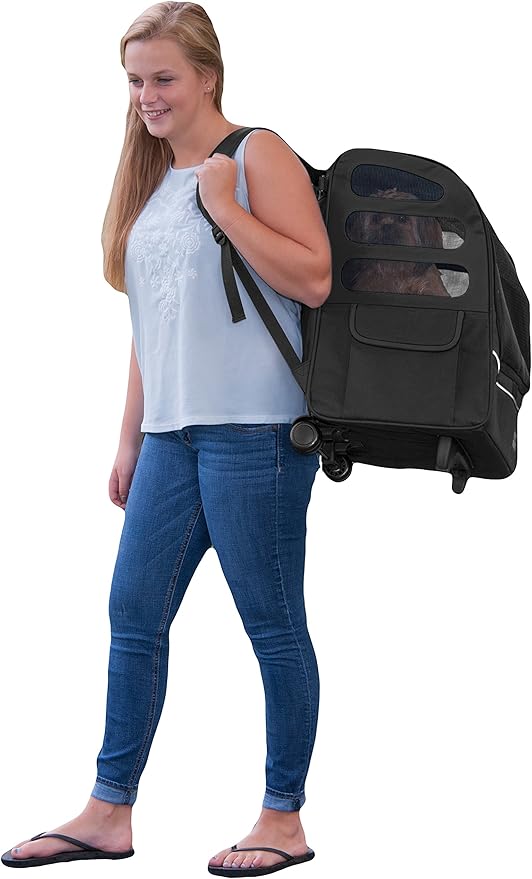 Pet Gear I-GO2 Pus Traveler Roller Backpack, Travel Carrier, Car Seat for Cats/Dogs, Mesh Ventilation, Included Tether, Telescoping Handle, Storage Pouch, Black