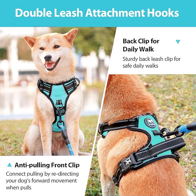 PoyPet Dog Harness No Pull, Reflective Adjustable No Choke Pet Vest with Front & Back Clips, Soft Padded and Control Training Handle for Large Dogs(Mint Blue,XL)