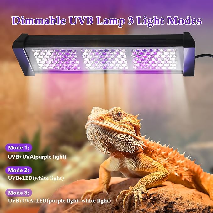 Dimmable UVB Light for Reptiles, 3 Modes Lighting, Adjustable 4, 8, 12 Hour Cycles, 12W LED UVA UVB Reptile Lamp for Bearded Dragon, Turtles, Snake and Lizard