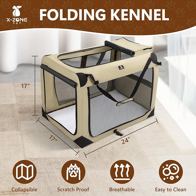 X-ZONE PET Dog Crate 3-Door Kennel, Collapsible Portable Soft Sided Pet Carriers for Indoor & Outdoor, Multiple (24-Inch, Rice White)